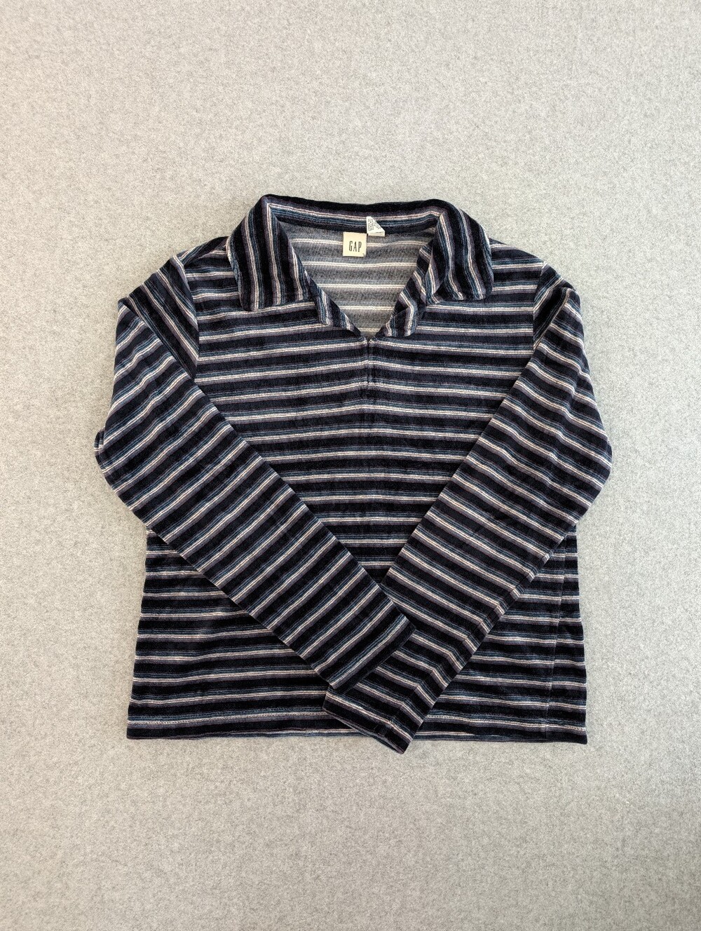Vintage Y2K Gap Womens Collared Long Sleeve Velour Top L Stripe Indie Blue White